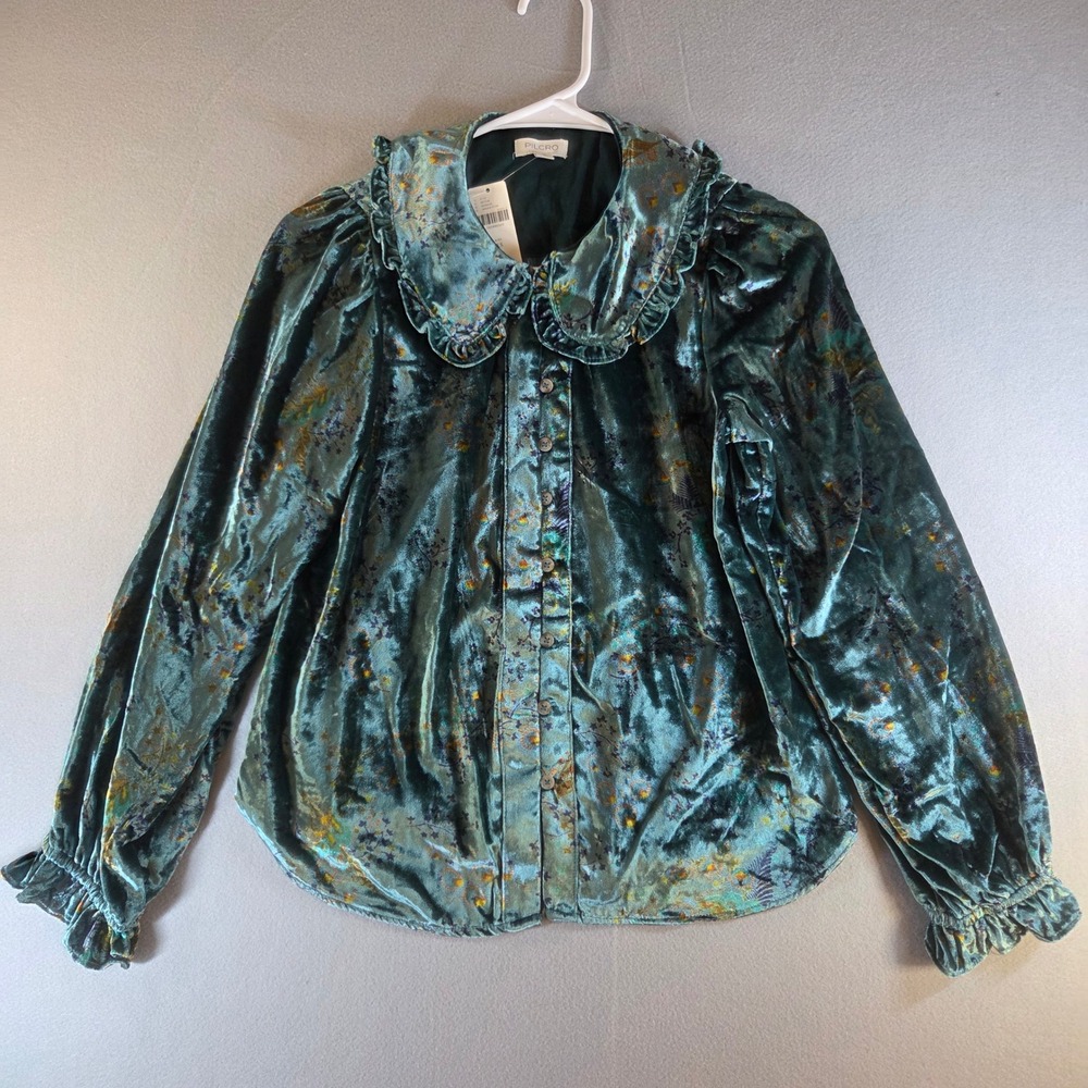 NEW Pilcro The Keira Green Velvet Peter Pan Collar Blouse XS Fairy Whimsigoth